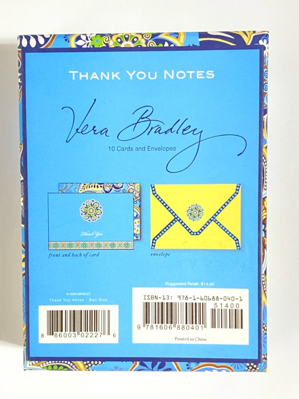 Vera Bradly Thank You Cards In Bali Blue 10 Cards & Envelopes Blank Inside NWT